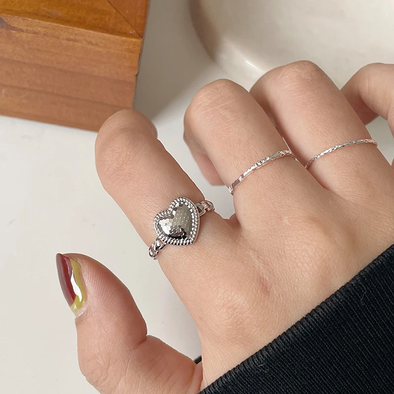 925银戒指 碎冰冰CNC爱心链条戒指女ins小众百搭开口简约韩版2010