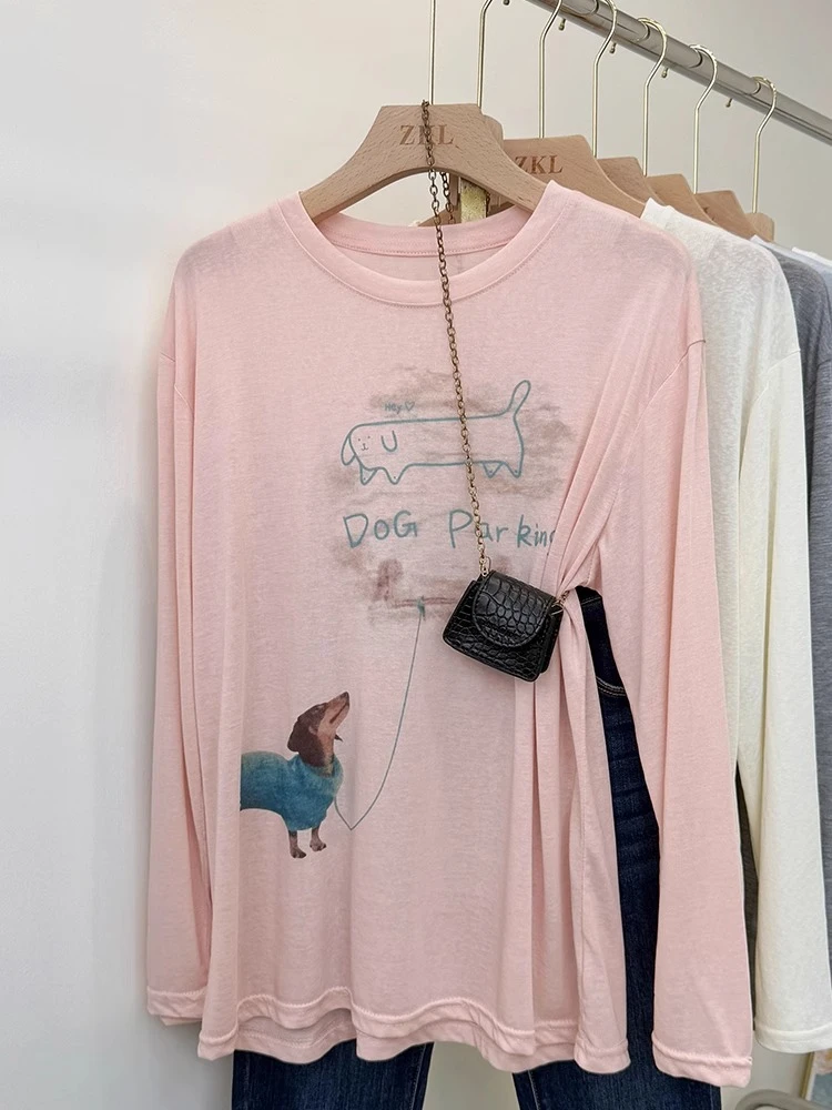 慵懒风薄款印花圆领嫩粉色长袖T恤女夏季微透宽松罩衫百搭上衣