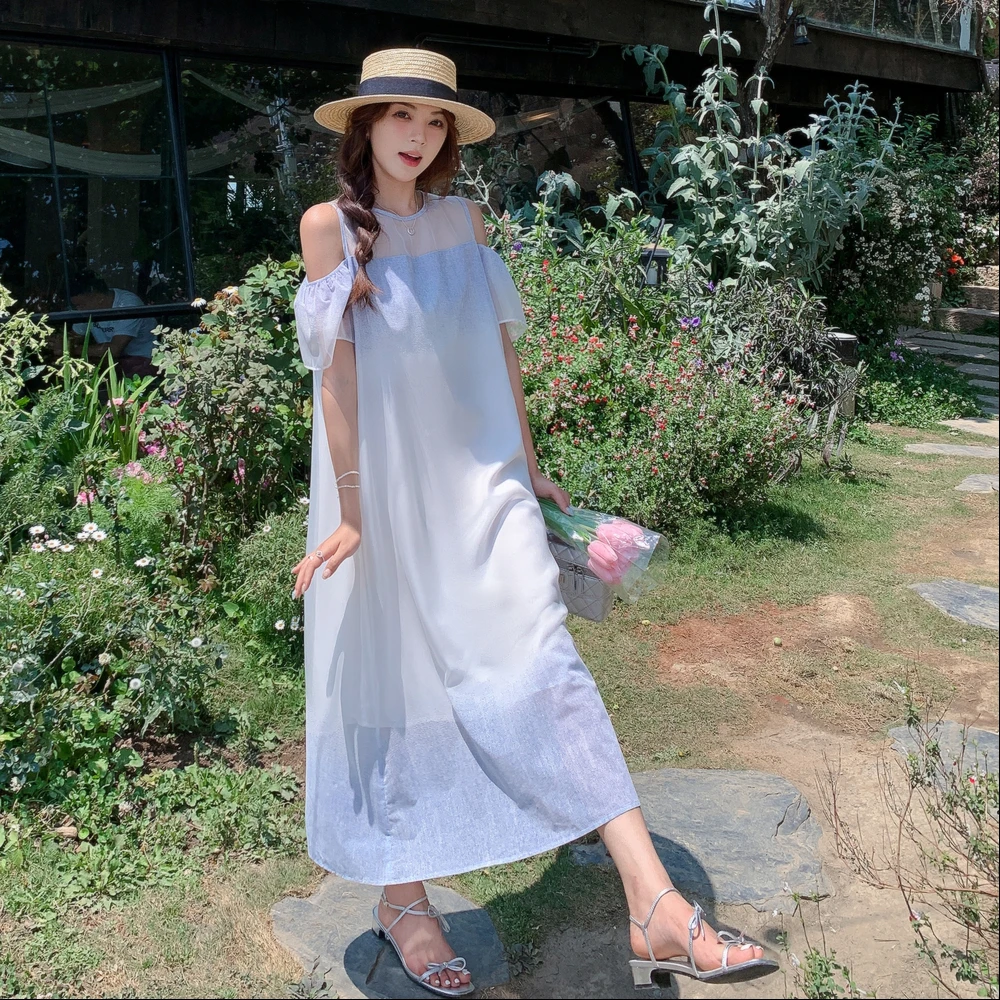 2025夏季新款少女风气质度假风渐变色露肩纱网吊带温柔风连衣长裙