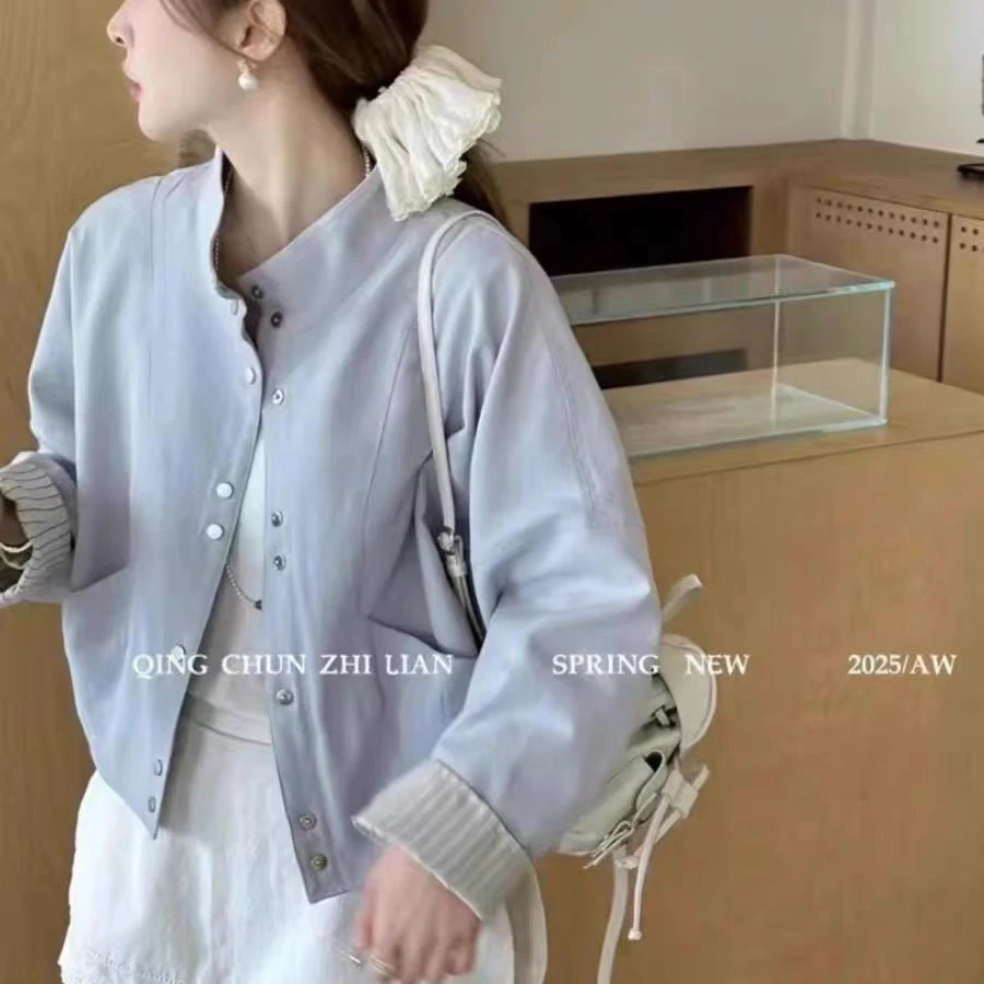 韩系设计感条纹拼接袖口立领外套女2025春季新款宽松显瘦夹克上衣