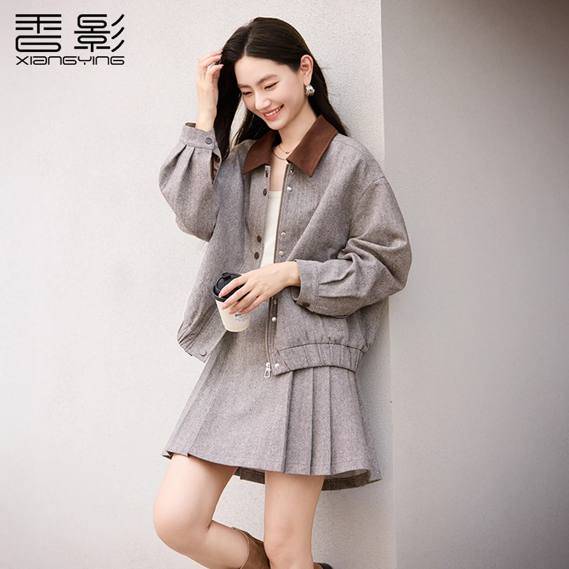 F85A412短外套 香影灯芯绒撞色人字纹短外套女新款含羊毛秋季外套