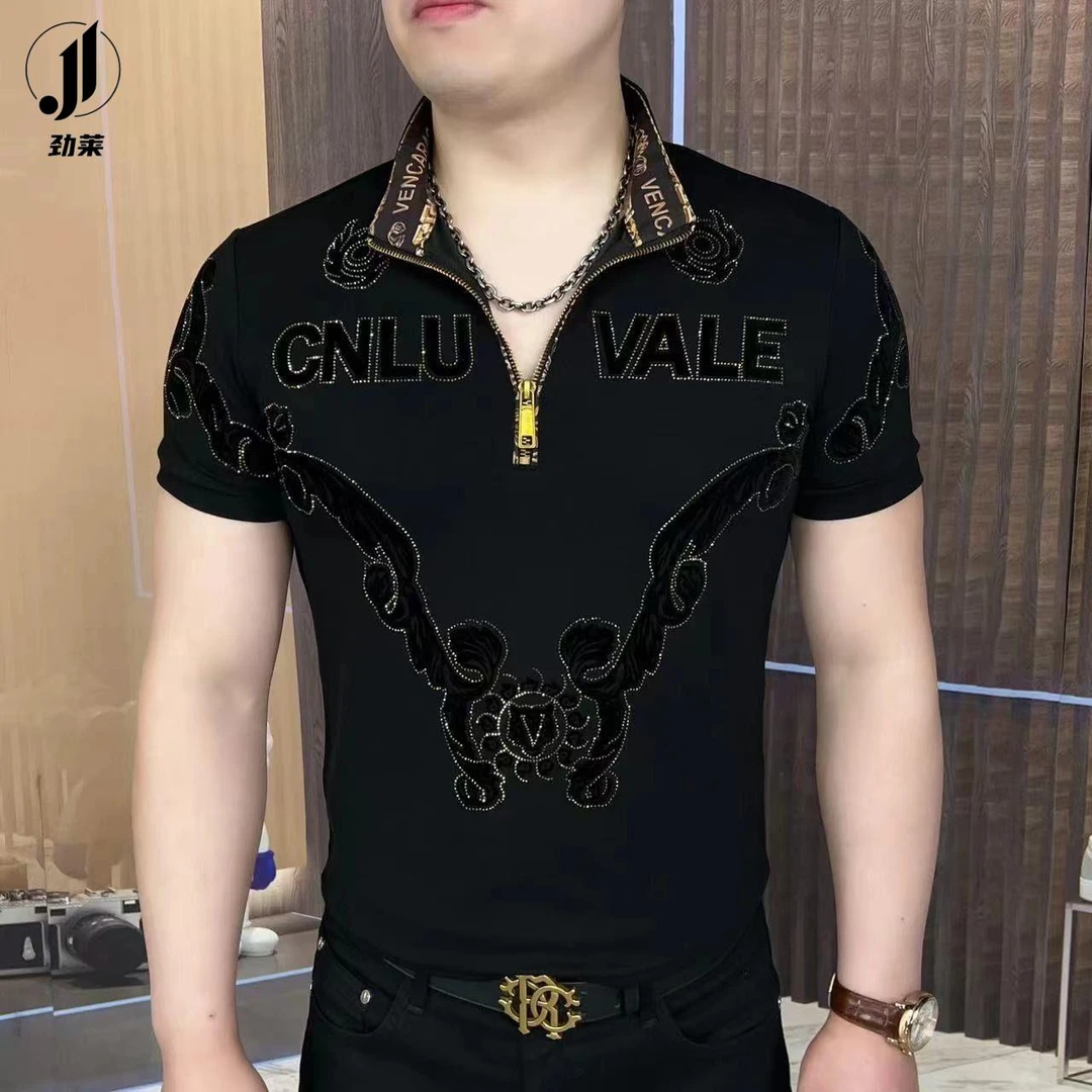 劲莱立领新款冰丝短袖夏男青年潮牌半拉链烫钻凉感上衣痞帅T恤衫