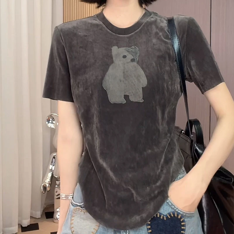 【呆萌小熊】2025春夏新款轻奢百搭减龄短袖T恤女设计师小熊上衣潮