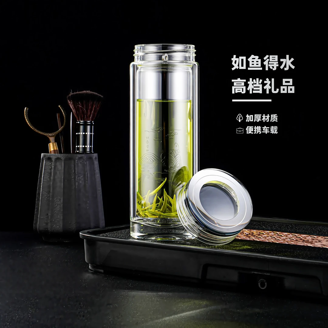 【如鱼得水】双层高鹏硅玻璃水杯茶杯男士专用泡茶杯专用耐高温防爆