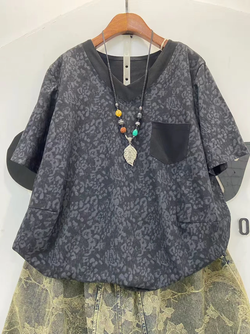 复古常规款民族风圆领短款通勤牛仔工装风提花印花T恤套装V领T恤