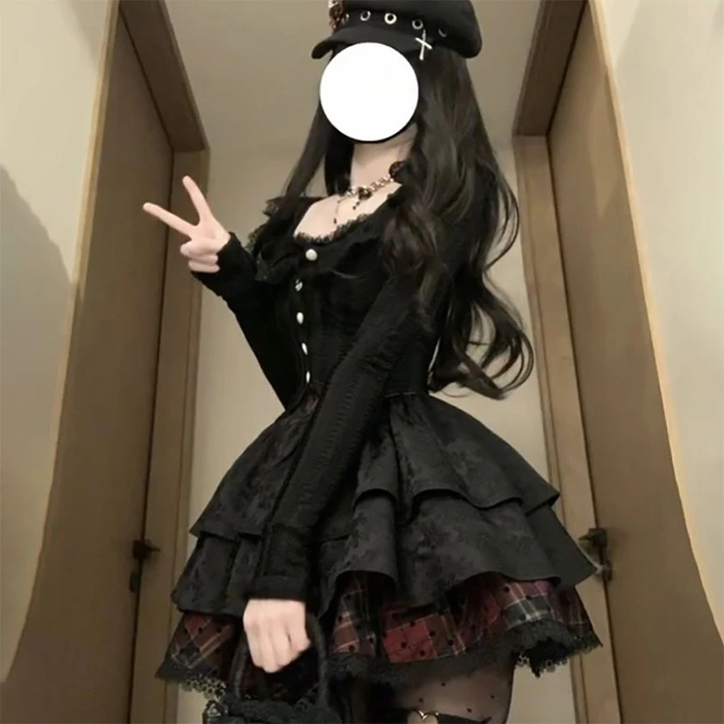 法式古着赫本风黑色裙子女秋两件套修身绝美蓬蓬公主洛丽塔连衣裙