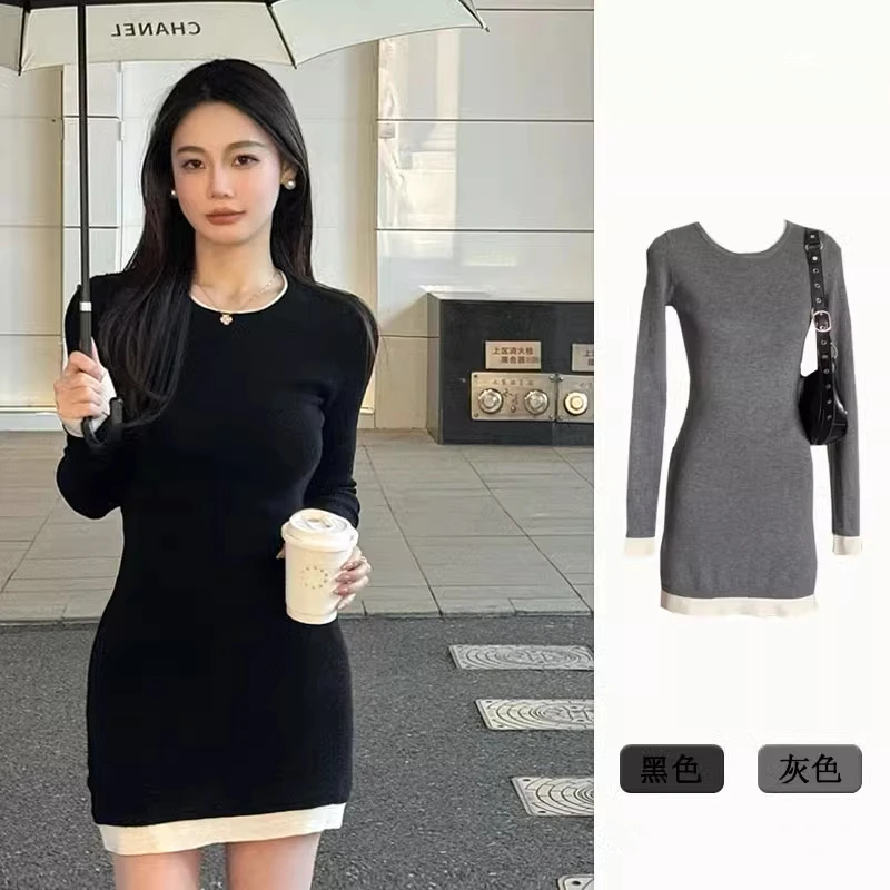 黑色针织假两件撞色打底连衣裙女冬季新款修身内搭辣妹包臀短裙子