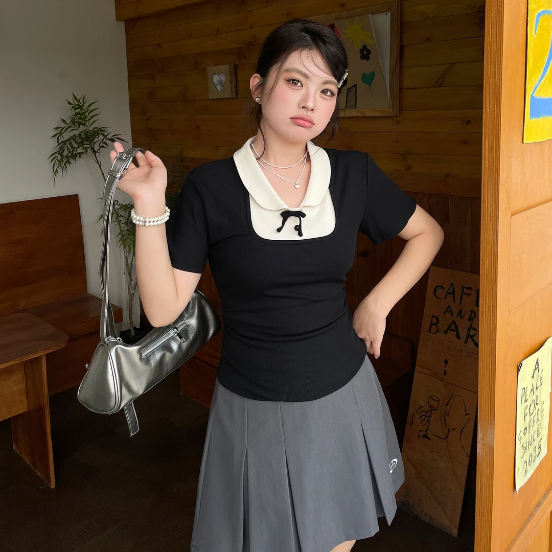 小众极简韩系穿搭大码夏季正肩超好看t恤女胖mm独特漂亮掐腰上衣