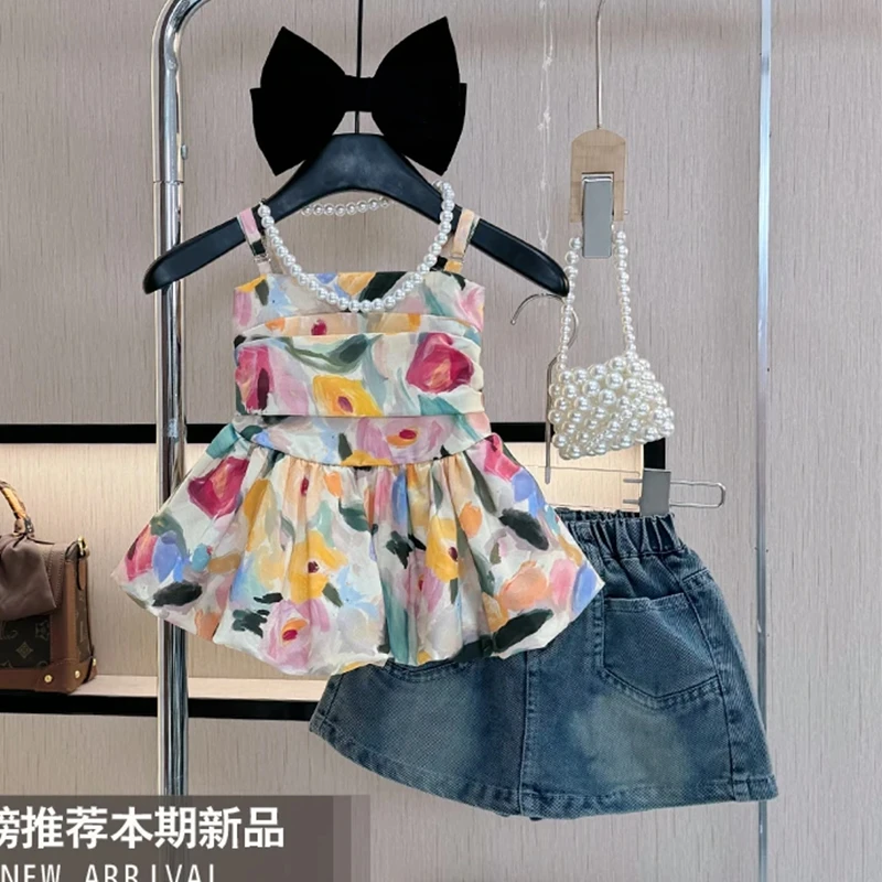 女童夏装套装2025新款洋气儿童夏季韩系宝宝吊带背心牛仔裤两件套