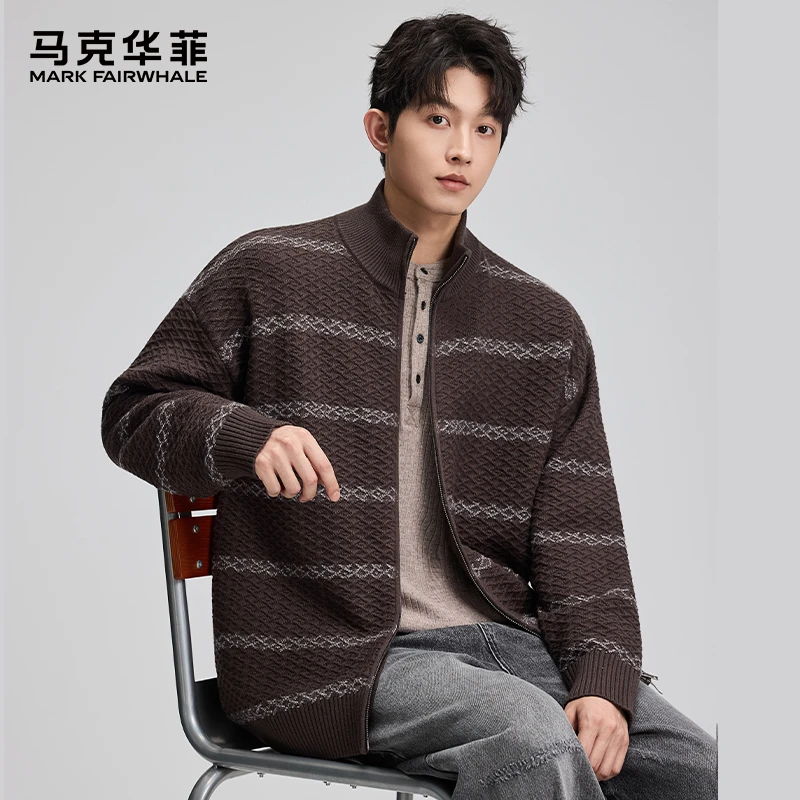 MARK FAIRWHALE/马克华菲高智拉链针织立领开衫毛衣男士秋季条纹