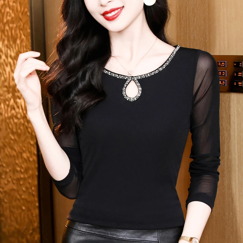 内搭镂空长袖春秋春季修身型T恤圆领钉珠打底衫常规秋装