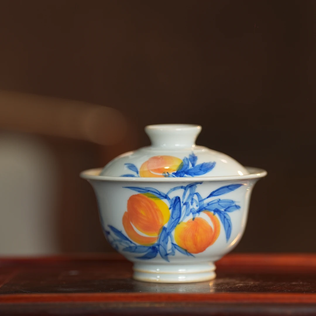 镇窑1728丨福利款釉下五彩桃子盖碗 130ml景德镇瓷器茶杯茶具