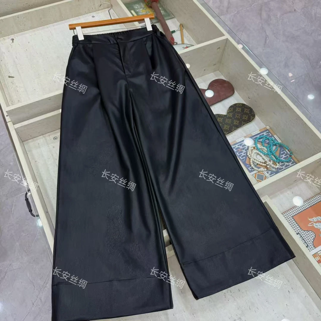 【长安】冬季新款复古皮裤松紧腰百搭直筒裤女