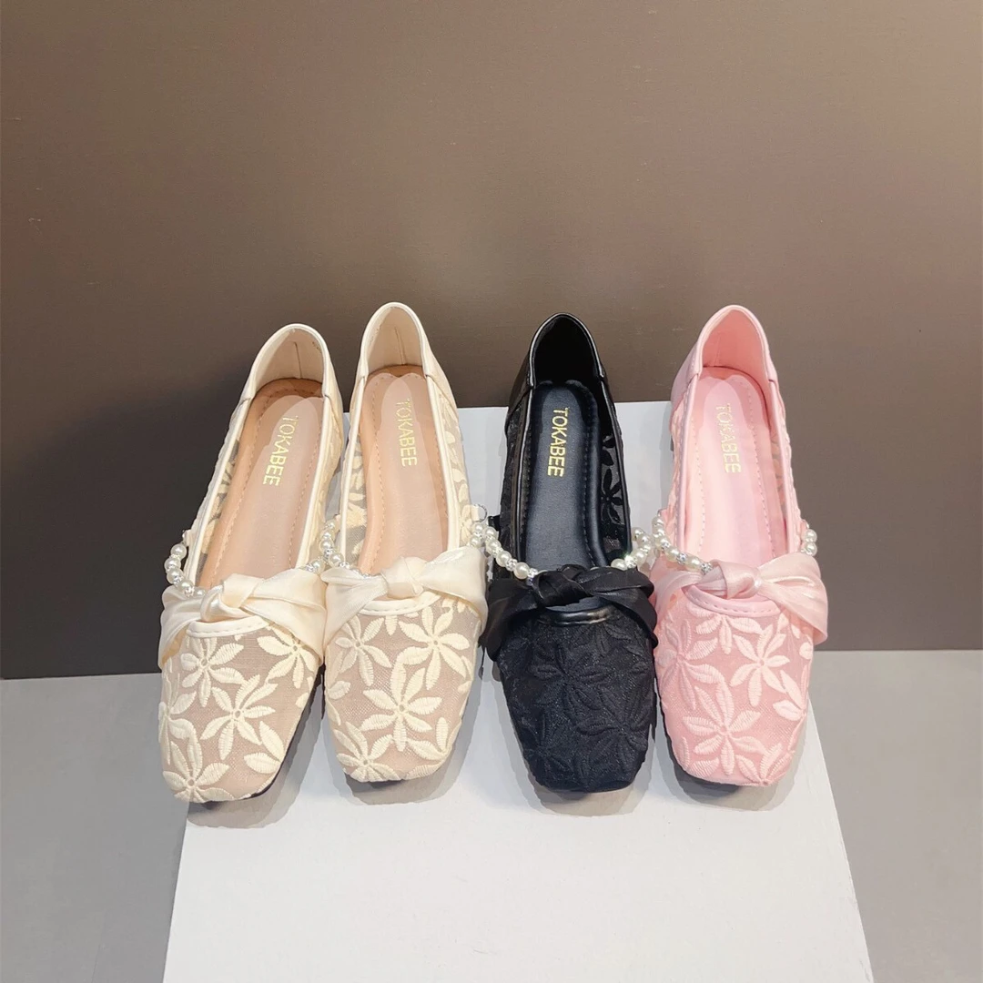 法式甜美单鞋女夏季网纱珍珠链条浅口凉鞋夏季大码粉色玛丽珍鞋