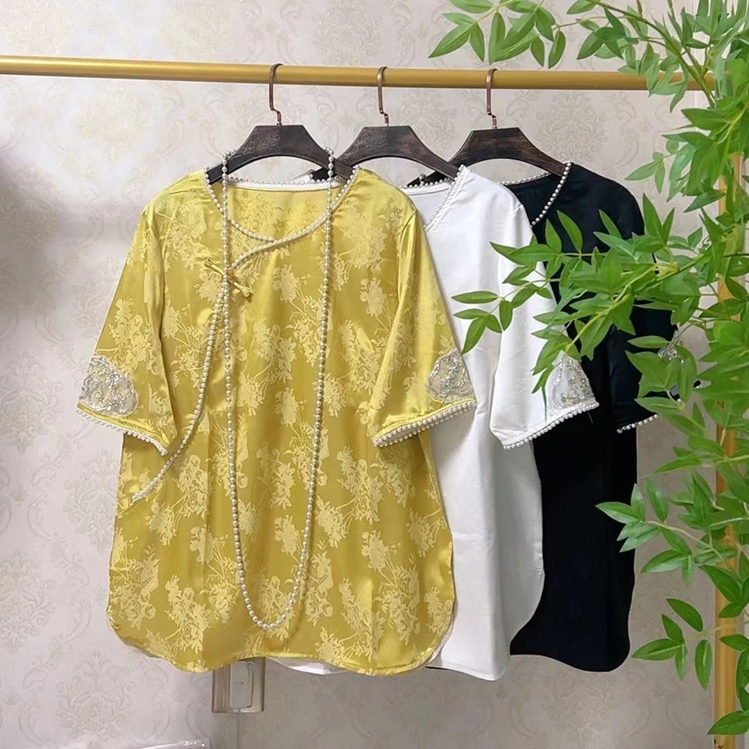 YY新中式国风重工串珠提花缎面打底衫胖妹妹短袖薄款上衣236-5