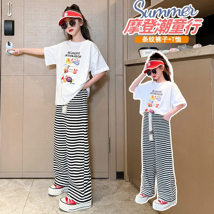 女童夏装套装休闲新款洋气短袖套装儿童时髦条纹阔腿裤运动两件套