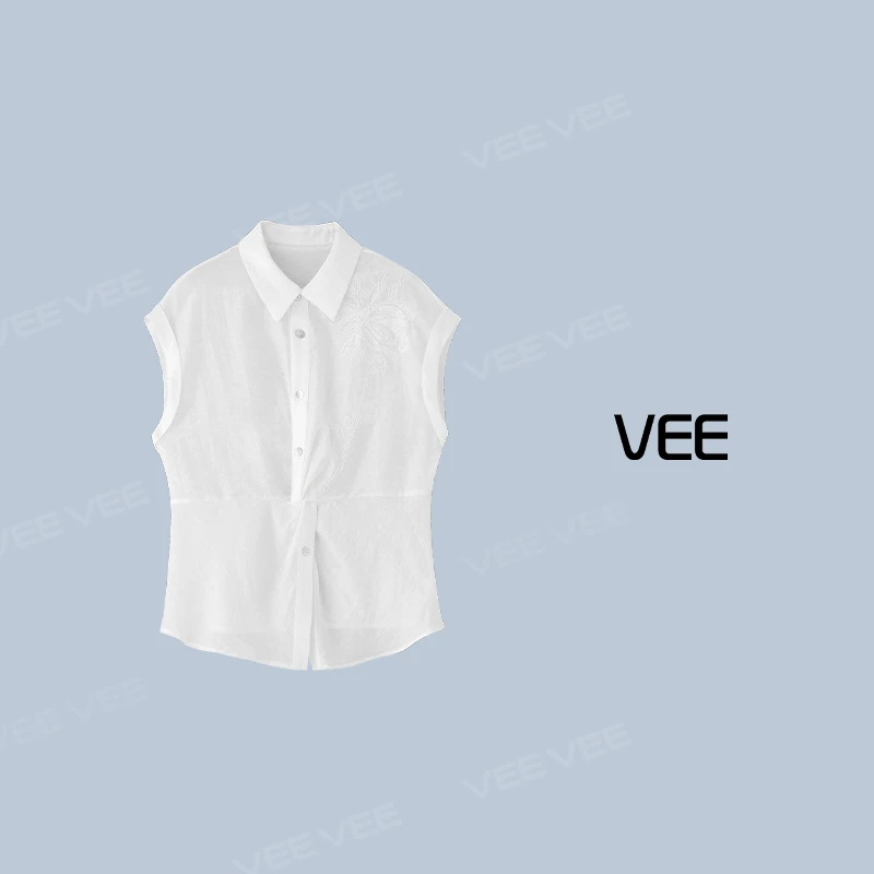 短视频VEE【扭转艺术】25夏气质时尚百搭亚麻绣花扭结收腰短袖衬衫