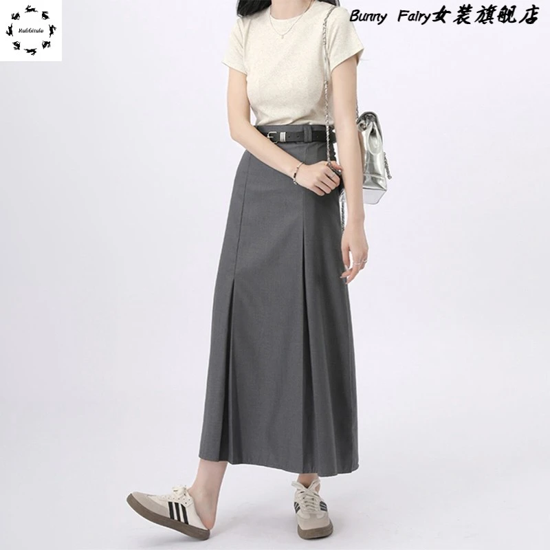 大码灰色百褶半身裙女春夏胖mm高腰显瘦中长款a字裙垂感西装裙子