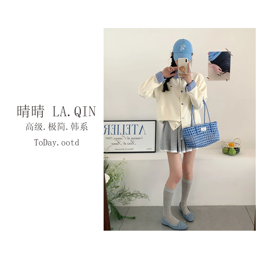 晴晴家-【热度持续】韩系氛围感休闲百搭翻领格子开衫外套3220