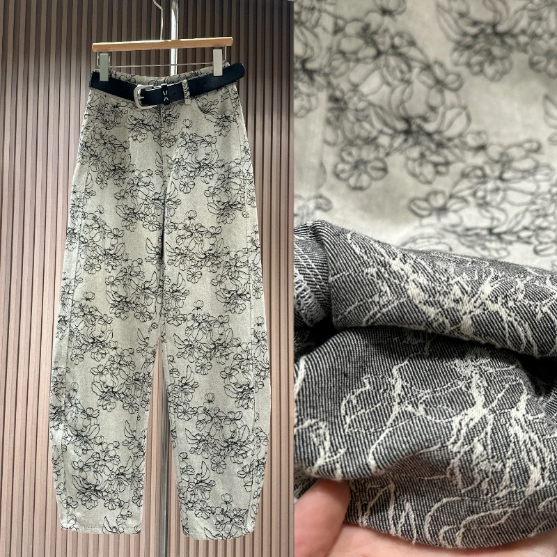 新款提花牛仔裤复古水洗设计时尚重工刺绣印花阔腿裤长裤牛仔中裤