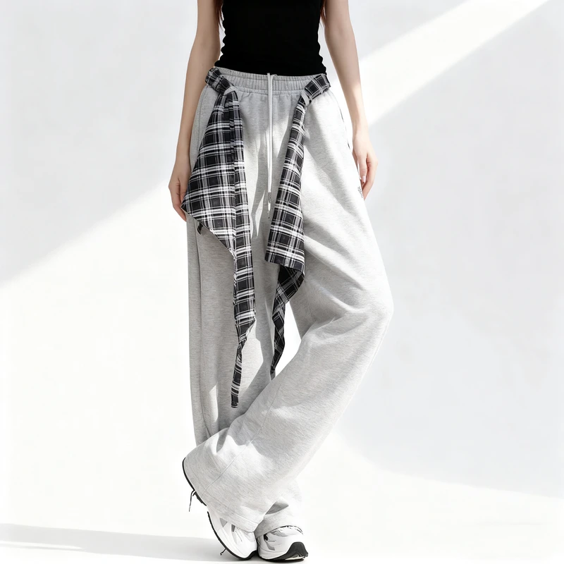 2025秋冬美式格子屁帘叠穿弯刀卫裤男女宽松阔腿休闲裤街舞运动裤