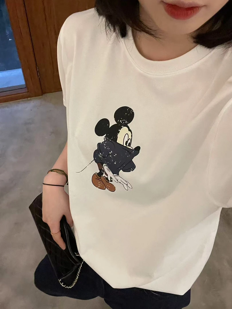 Sevbasks 七七家韩版  简约白色卡通破坏风复古印花圆领清凉半袖