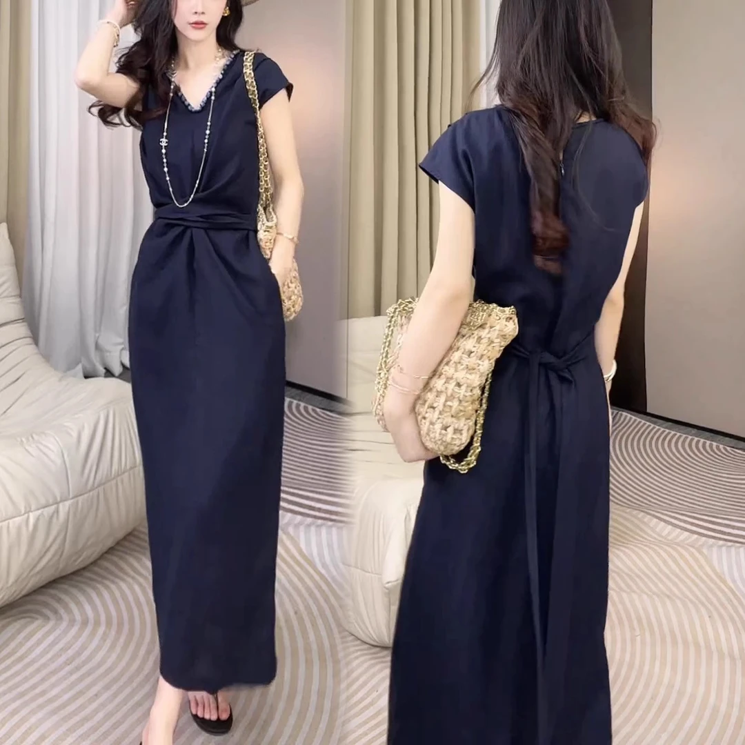 2025夏季爆款洋气纯色设计收腰中长裙短袖法式减龄飞飞袖中长裙女