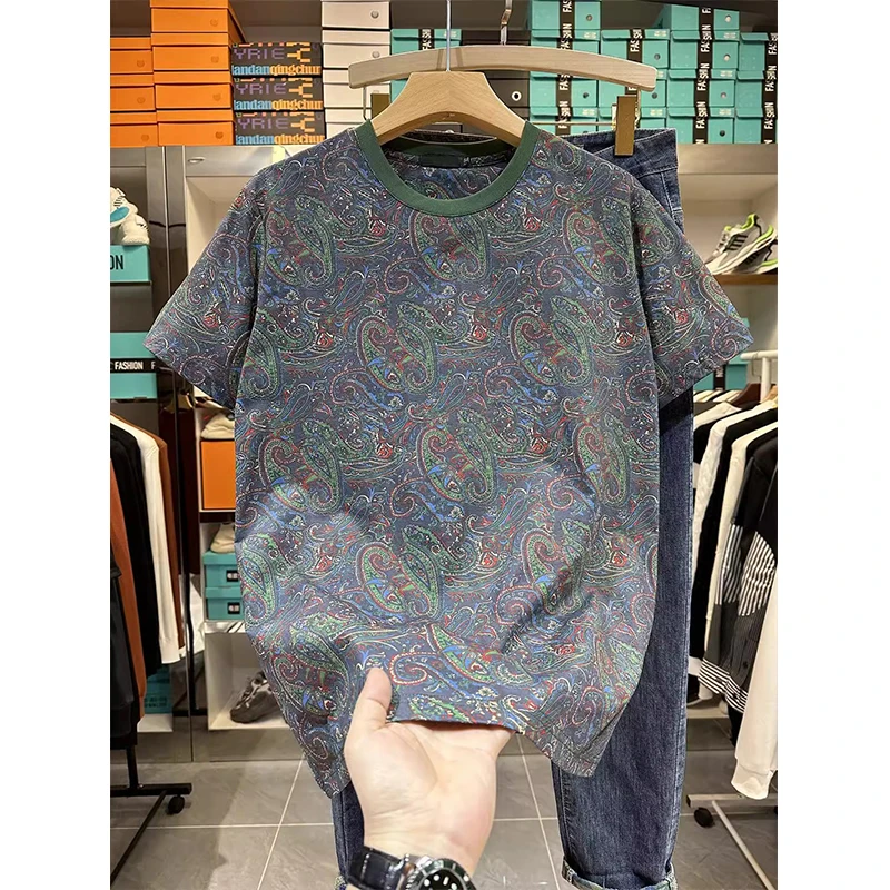 特大码300斤韩版潮流腰果花短袖t恤男女夏季2025新款宽松半袖上衣