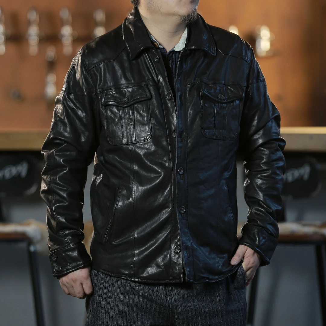 春秋褶皱真皮衬衫男欧美时尚都市重水洗全植鞣绵羊皮衬衫领皮衣