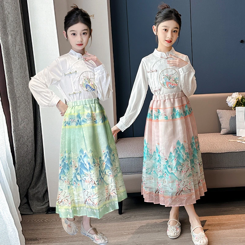 女童秋季洋气复古刺绣马面裙套装大童春秋新款新中式汉服风两件套