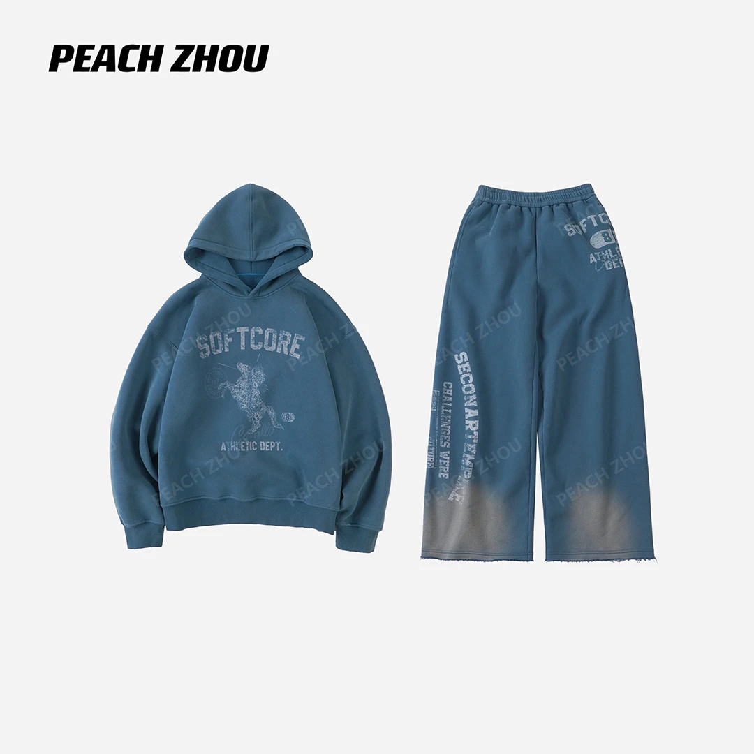 PEACHZHOU 炒盐洗水做旧磨边抓绒宽松连帽卫衣松紧腰毛边阔腿长裤