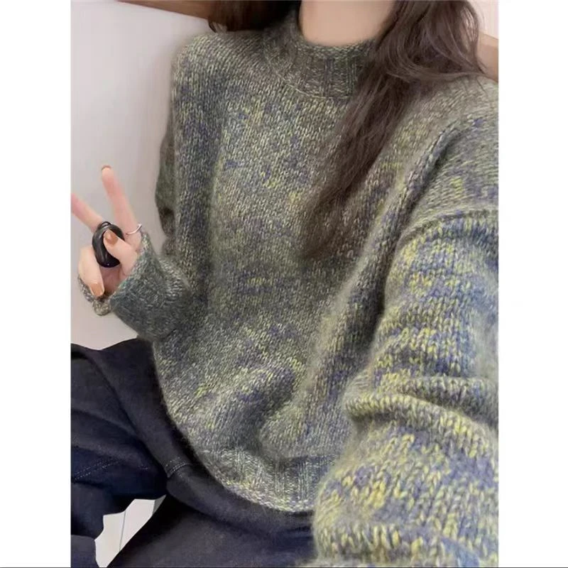 【渐变花纱】韩版宽松加厚花纱气质百搭基础圆领针织衫套头毛衣女