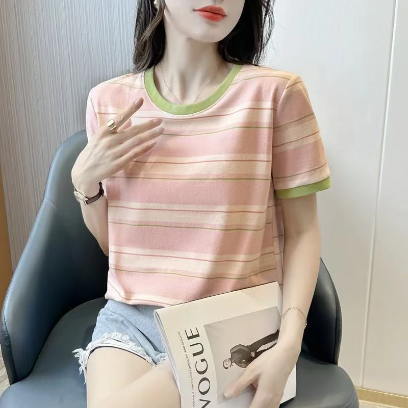小清新减龄撞色圆领宽条短袖T恤简约洋气修身百搭