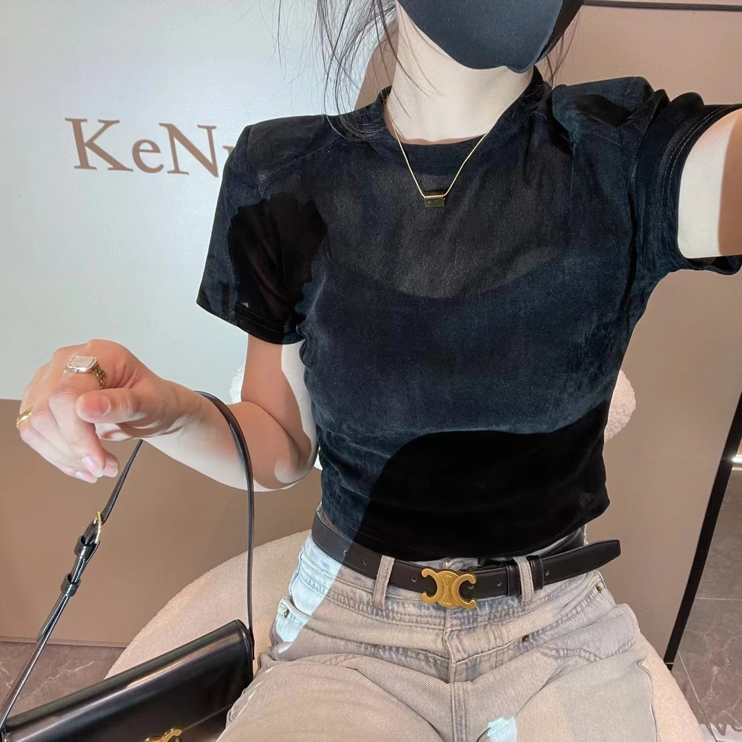 夏季圆领垫肩独特修身短款恤2025金丝绒短袖漂亮洋气小衫上衣女