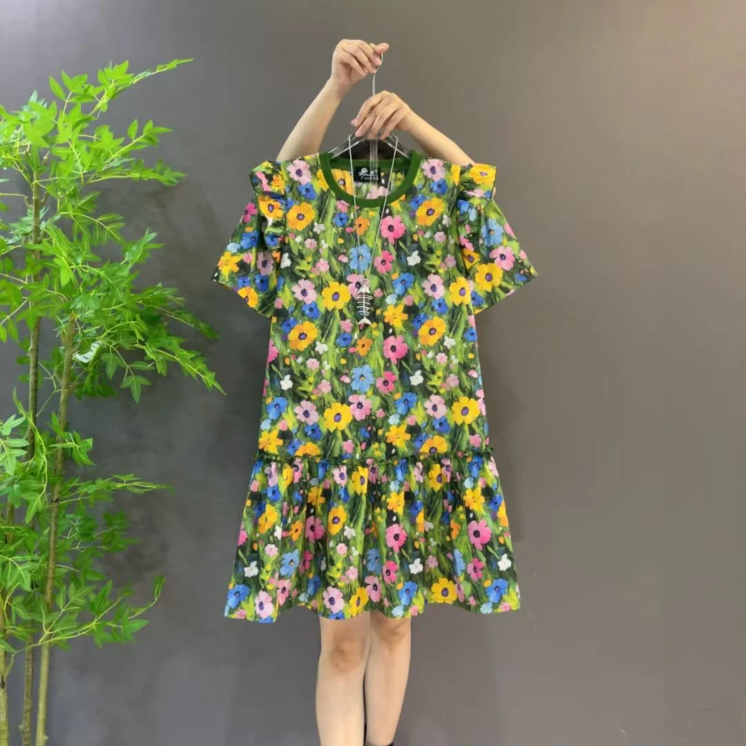 85141夏季欧货圆领短袖减龄碎花中长款大码连衣裙