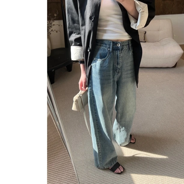 M.M水洗阔腿牛仔裤/高腰水洗浅色牛仔阔腿裤