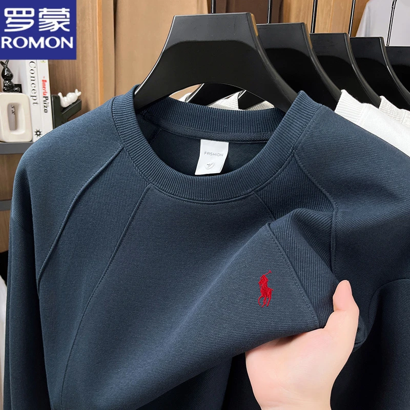 罗蒙品牌秋季新款棉t刺绣马标男士长袖卫衣休闲圆领宽松上衣男装