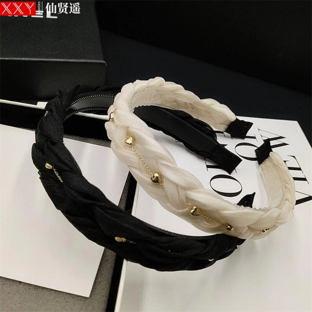 仙贤遥黑色麻花发箍女绢纱发卡防滑带齿金珠炼条高颅顶头箍新款秋