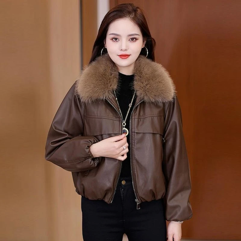 加绒加厚皮衣外套女士短款2025年秋冬新款宽松加绒服557