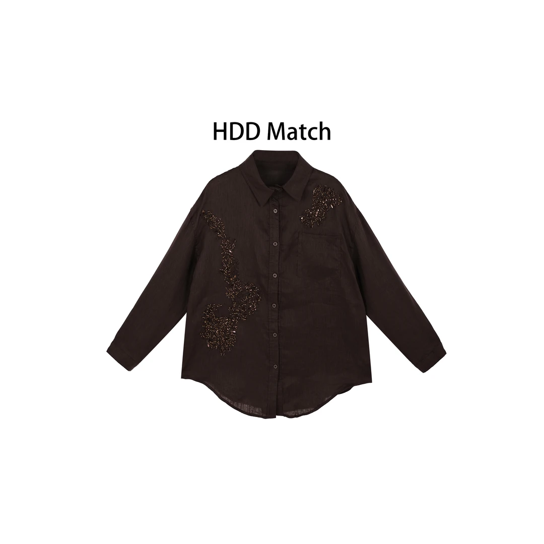 HDD- "冰咖啡"  100%亚麻 秋季定制串珠亮片工艺气质衬衫 Y8530