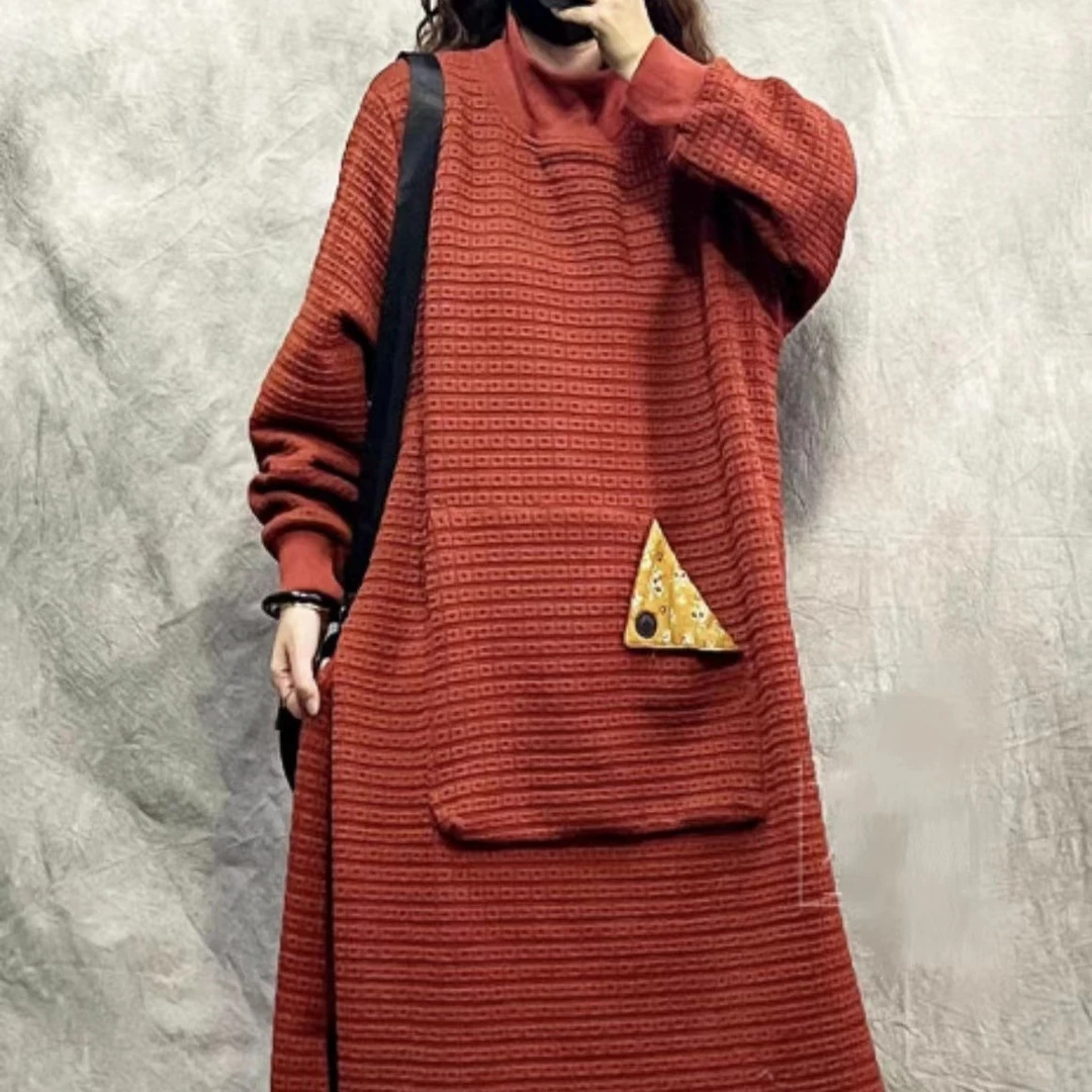 22210 秋冬大码宽松口袋卫衣24休闲百搭高领加厚中长款卫衣裙