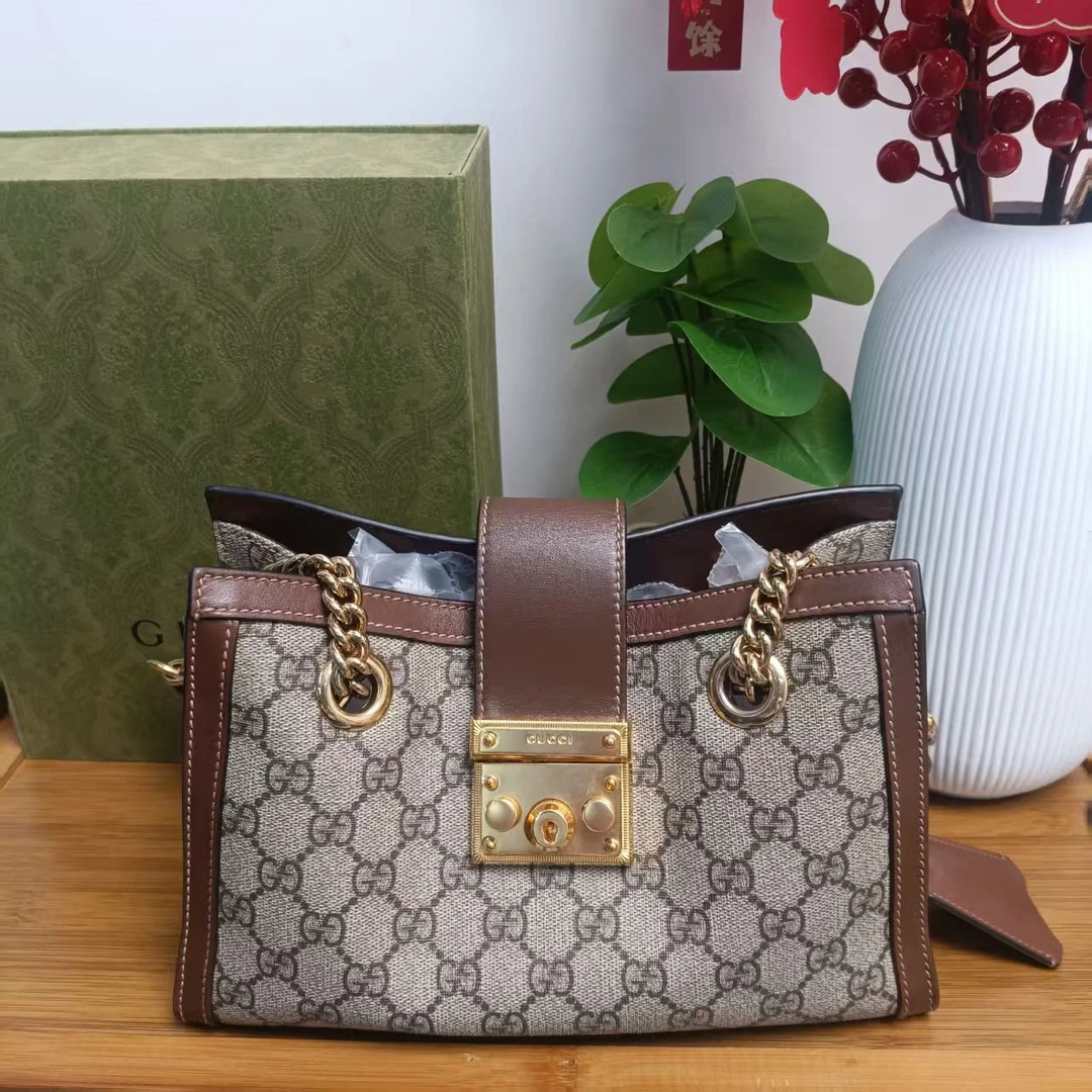 95新 GUCCI/古驰 玺越奢品  Gucci小号棕色padlock单肩包