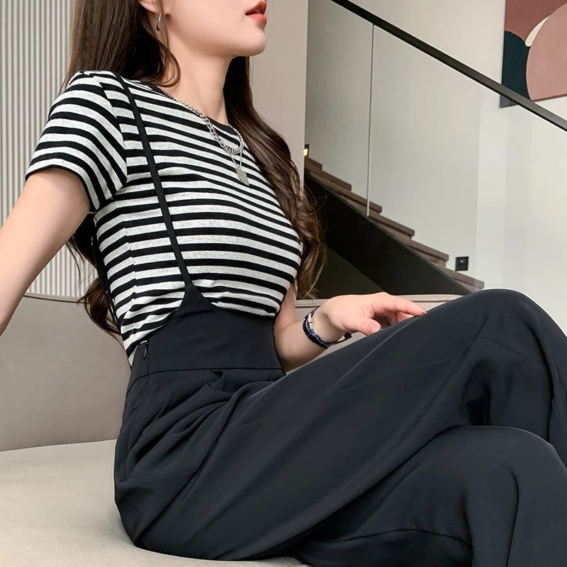 黑色窄版冰丝西装背带裤女显瘦夏季时尚小个子连吊带休闲阔腿裤