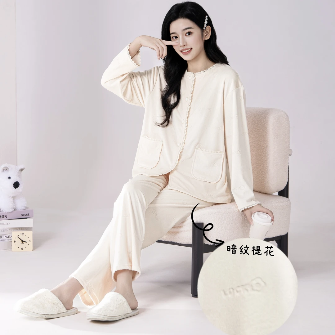 睡衣女秋冬季加厚长袖海岛绒家居服冬天珊瑚绒厚款加绒小香风套装