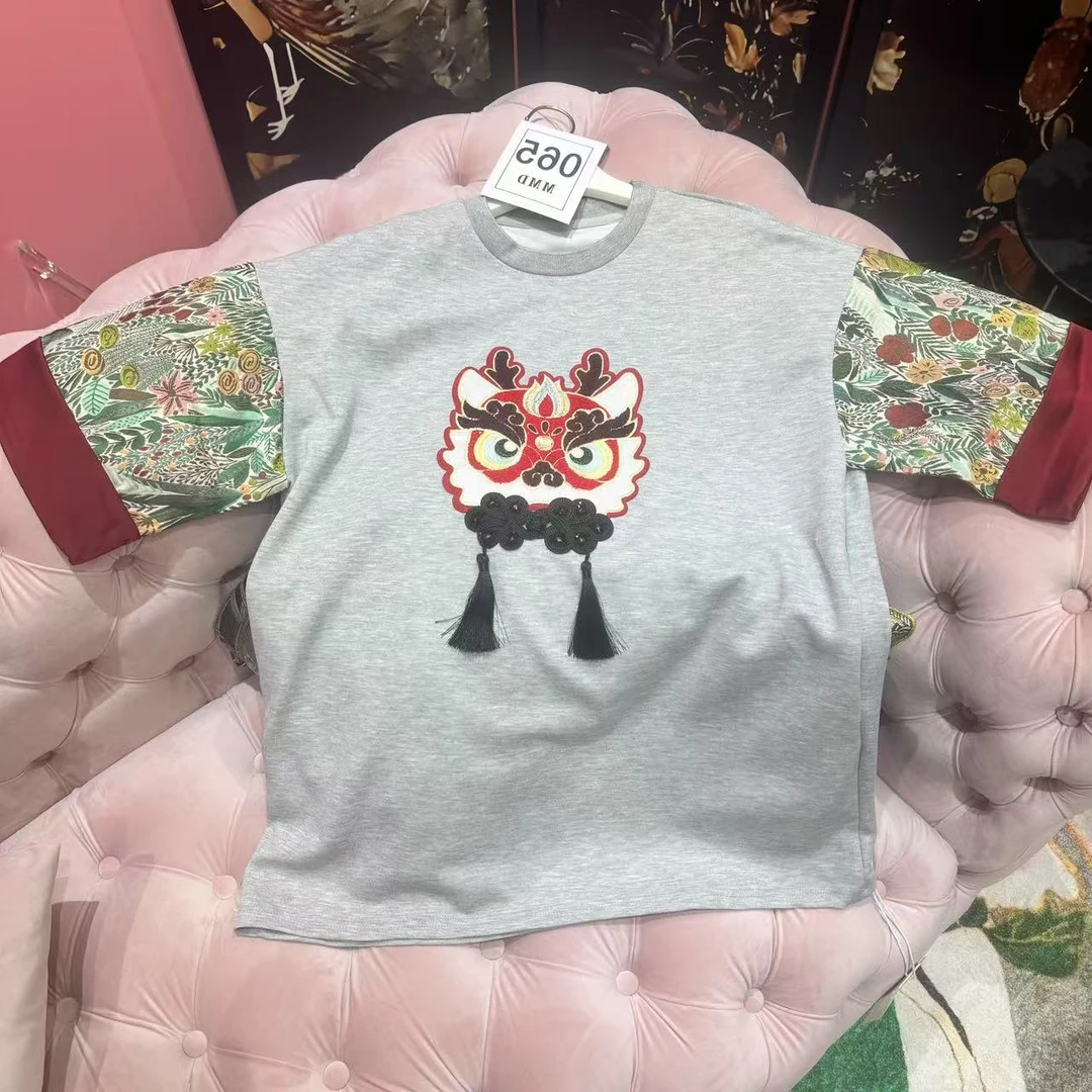 065 夏季新款国朝圆领刺绣宽松国风中长款T恤裙女L321