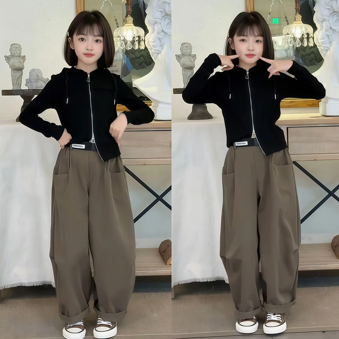 女童套装秋季新款韩系休闲拉链帽衫个性大口袋工装韩版阔腿裤套装