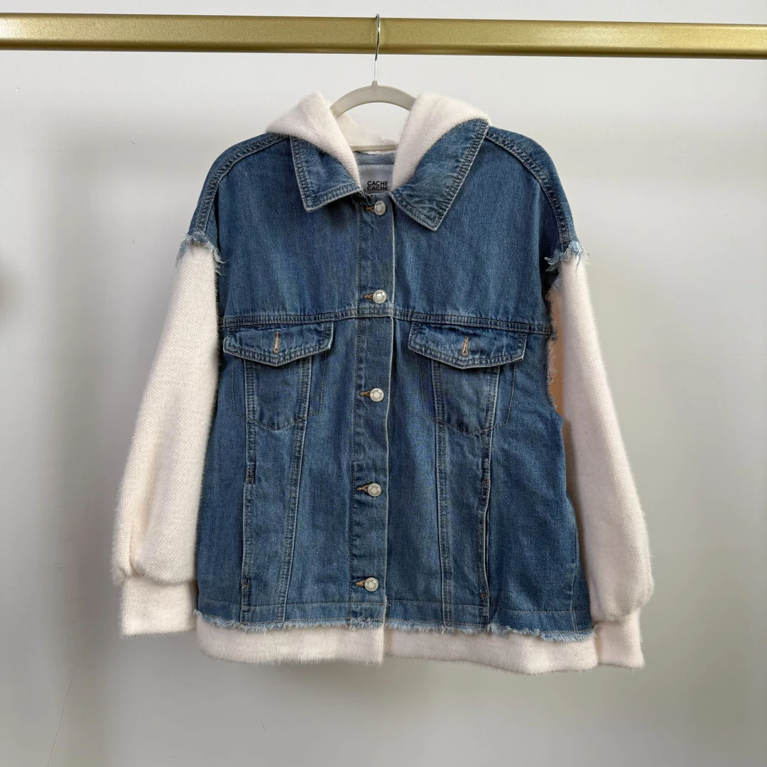 B3401 女士假两件针织拼接袖翻领牛仔外套