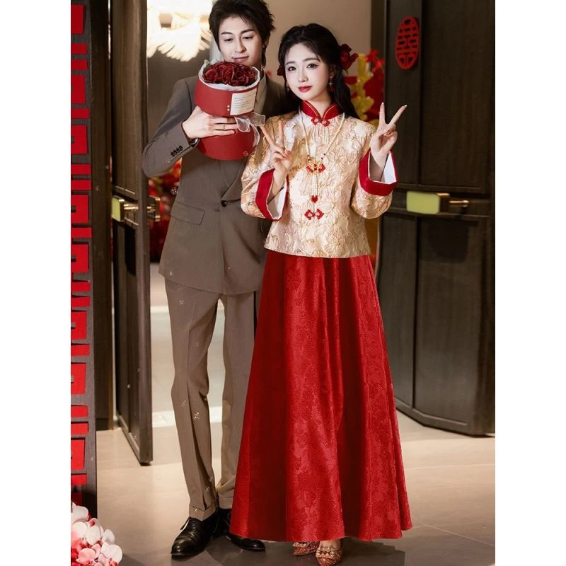 大码胖mm秋冬新中式敬酒服孕妇织金上衣吊带裙套装订婚礼服裙回门