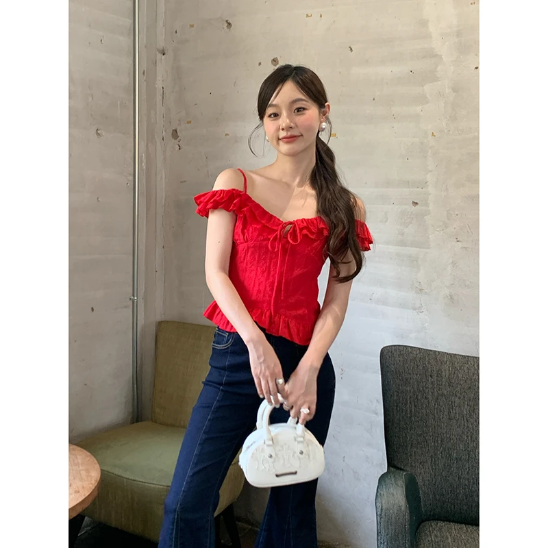 NEWOPEN夏季修身小衫多巴胺法式甜美短款露肩背心女吊带上衣S5217