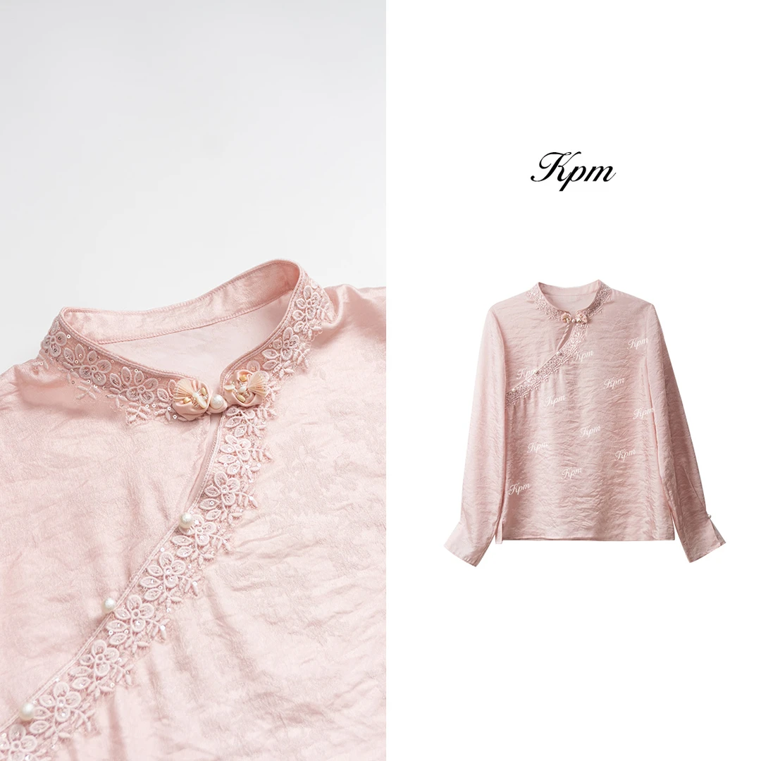 冬季新品国风新中式精致重工斜门襟刺绣钩花立领百搭长袖衫JN9134